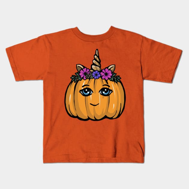 Cute Halloween Pumpkin Unicorn Kids T-Shirt by Daria Popkova